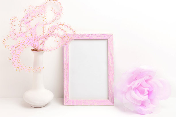 相框模型与毛绒植物在花瓶和丝绸玫瑰图片下载