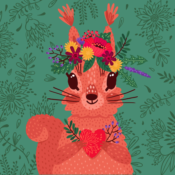 可爱的红松鼠戴着花环，里面装着一颗心图片下载