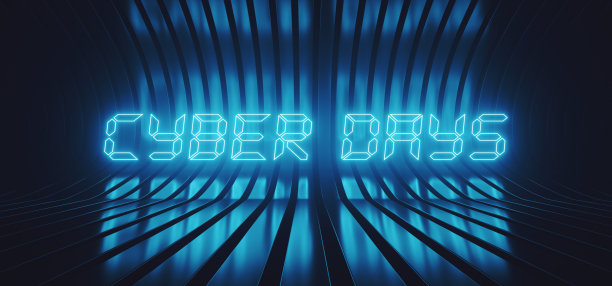 霓虹标志网络天星期一折扣产品商店现代科幻未来主义背景钢光泽地板蓝色充满活力的机库车库3D渲染图片下载