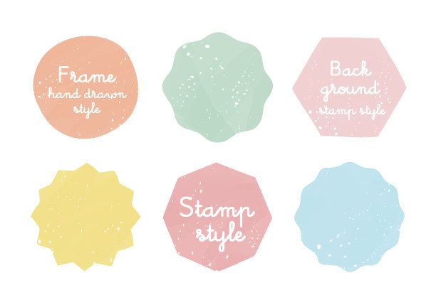 一套类似邮票的模糊框架和背景插图，如圆圈、六角形、八角形、波浪线和锯齿状边缘图片下载