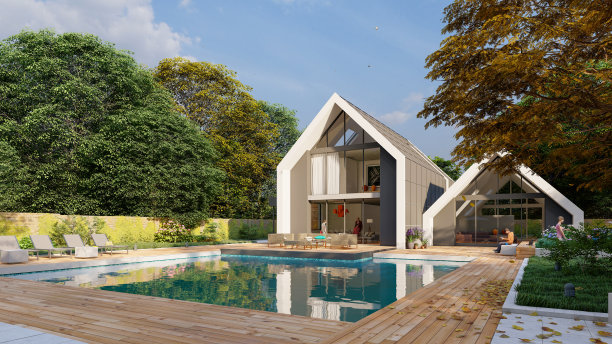 带游泳池和花园的现代坡屋顶别墅图片下载