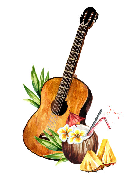 木制吉他、音乐、弦乐器和热带鸡尾酒。海滩派对的概念。手绘水彩插图孤立的白色背景图片下载