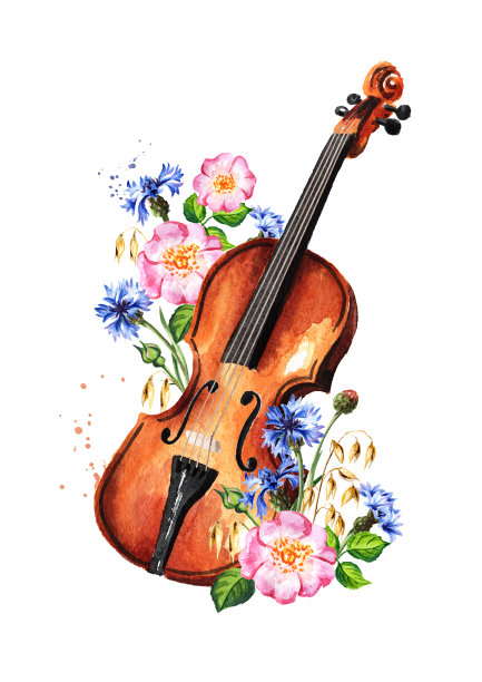 复古的棕色木制小提琴和鲜花。夏季音乐概念。手绘水彩插图孤立的白色背景图片下载