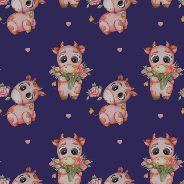 无缝模式。蓝色背景上有一朵红玫瑰和一束郁金香的小虾虎鱼。水彩。手绘一个可爱的动物为孩子收集，纺织，设计，装饰图片下载