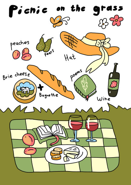 野餐在草地上手绘素描图片下载