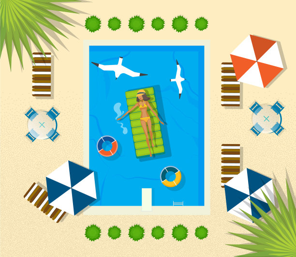 夏天的海滩设置女人是休息在酒店的游泳池图片下载