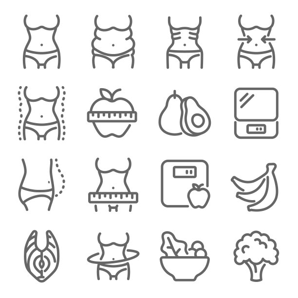饮食图标插图矢量集。包含如身体，饮食，瘦，胖，体重减轻，超重，健身等图标。扩大中风图片下载