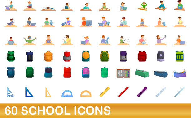 60个学校图标设置卡通风格图片下载