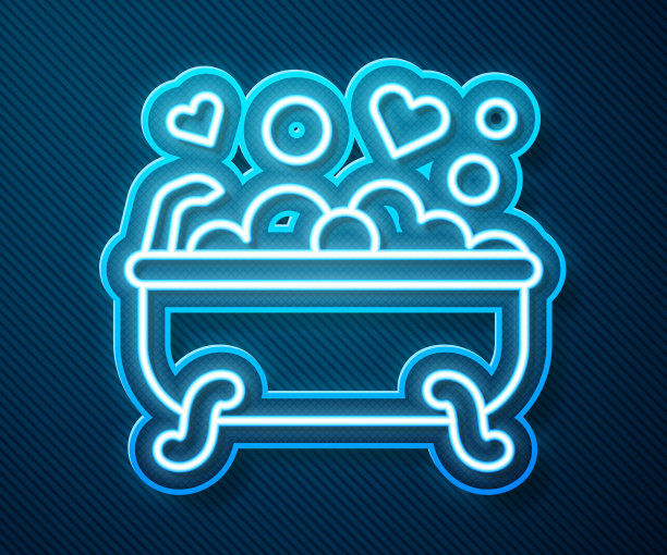 发光的霓虹灯线浪漫的浴室图标孤立在蓝色的背景。概念浪漫的约会。浪漫浴室与心的最爱泡沫。向量图片下载