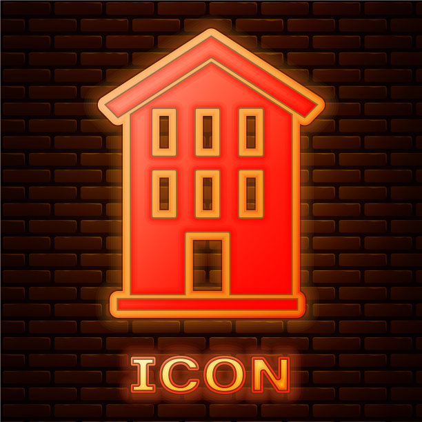 发光的霓虹灯房子图标孤立在砖墙上图片下载
