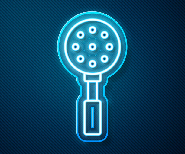 发光的霓虹灯线抹刀图标孤立在蓝色背景。厨房抹刀图标。烧烤抹刀迹象。烧烤和烧烤工具。向量图片下载