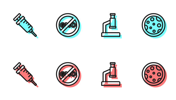 设置显微镜，注射器，无转基因和有细菌图标的培养皿。向量图片下载