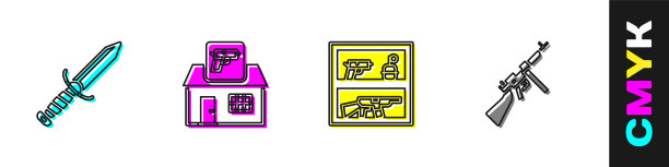 设置军用刀，狩猎商店武器，汤米枪图标。向量图片下载