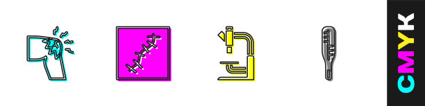 设置关节疼痛，膝盖疼痛，疤痕缝合，显微镜和医疗温度计图标。向量图片下载