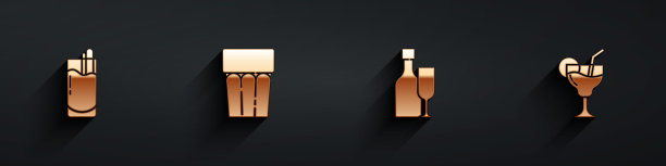 设置鸡尾酒血腥玛丽，玻璃与水，酒瓶和图标与长影子。向量图片下载