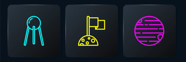 在卫星，行星和月球上设置旗帜。黑色方形按钮。向量图片下载