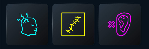 有人头痛，聋子，还有带缝线的疤。黑色方形按钮。向量图片下载