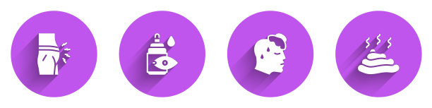 设置腹胀，滴眼液瓶，高人体体温和大便图标长阴影。向量图片下载