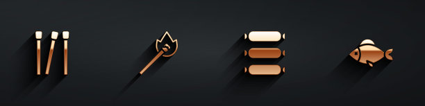 设置火柴，燃烧火柴与火，香肠和鱼的图标与长影子。向量图片下载