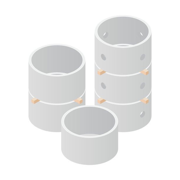 堆叠不同类型的混凝土环等距图标。混凝土污水和化粪池良好的元素设置，孤立在一个白色的背景。建筑材料。矢量插图。三维平面风格。图片下载