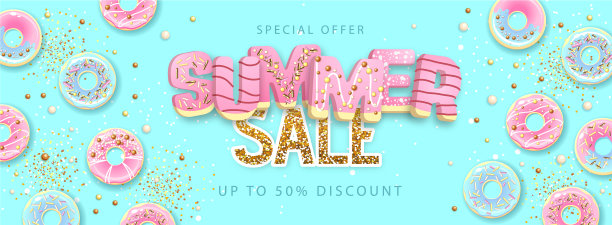 五颜六色的夏日大促销海报，上面有甜甜圈图片下载