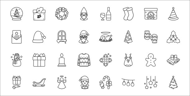一套32个圣诞瘦轮廓图标，如圣诞树，圣诞灯，女孩，赠送礼物，姜饼，蜡烛，槲寄生，煮鸡，圣诞帽图片下载