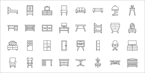 32套家具细轮廓图标，如摇篮，花盆，五斗柜，扶手椅，办公椅，橱柜，梳妆台，桌子，五斗柜图片下载