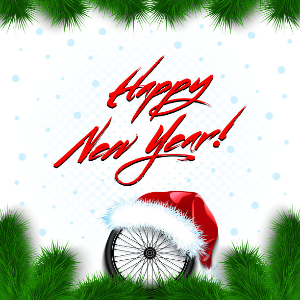 新年快乐。圣诞老人帽子里的自行车轮子图片下载