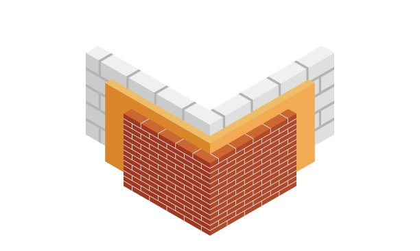 矢量图驱动保温砖墙角。等距的外部砌砖隔离在白色背景上。外墙保温砖的房屋图标为腹板。3 d。卡通。图片下载
