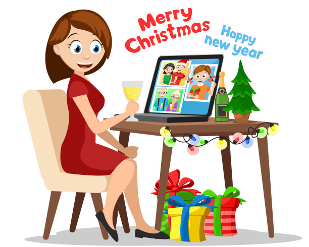 一位坐在电脑前的女士与亲戚交流。网上聚会图片下载