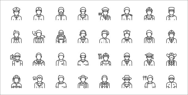 一套32个职业化身瘦轮廓图标，如游泳者，侦探，农民，消防员，学者，运动员，工程师，厨师，医生图片下载