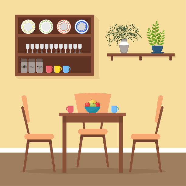 厨房里的餐桌上有椅子、杯子和水果。可爱的矢量插图在平面风格图片下载