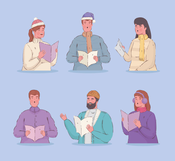 六个人穿着冬天的衣服唱圣诞颂歌图片下载