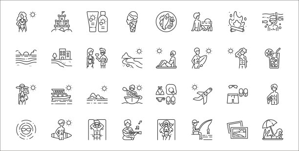 一套32个夏季假期瘦轮廓图标，如日光浴，钓鱼，吉他演奏，太阳，服装，岛屿，果汁，日光浴，海滩图片下载