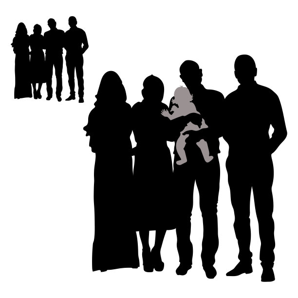 矢量黑色剪影的两个女人女朋友和一对男人，父亲抱着一个婴儿在他的怀里，女孩在头巾，苗条的身材，已婚夫妇在一起，长裙和希贾布。图片下载