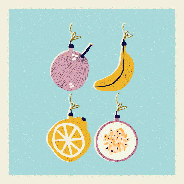 圣诞和新年贺卡与圣诞树装饰形式的柠檬，香蕉和无花果在向量。图片下载