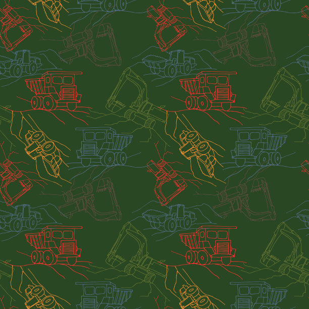 矢量无缝模式与建筑设备的图像:黄色装载机，挖掘机，卡车上的绿色背景。涂鸦风格。适用于织物、纸张、童装等印刷图片下载
