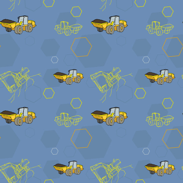 机械矢量模式黄色挖掘机和装载机在浅蓝色牛仔布背景。儿童服装印花图片下载