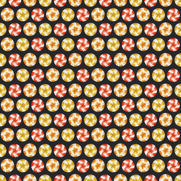 水彩圣诞无缝图案与糖果在金色，红色，和橙色的颜色在一个黑暗的背景。图片下载
