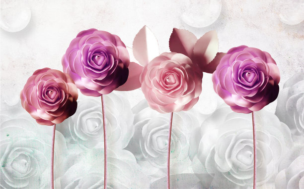 艺术墙上装饰的玫瑰花3D壁画插图，简约现代背景艺术，视觉上扩展了小房间的空间图片下载