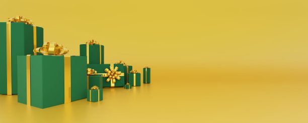 金色背景全景带绿色金色礼品，拷贝空间，多款礼品从身边收集，圣诞礼品卡图片下载