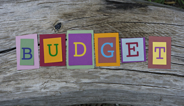 预算字写在彩色的便利贴上木制的背景。图片下载