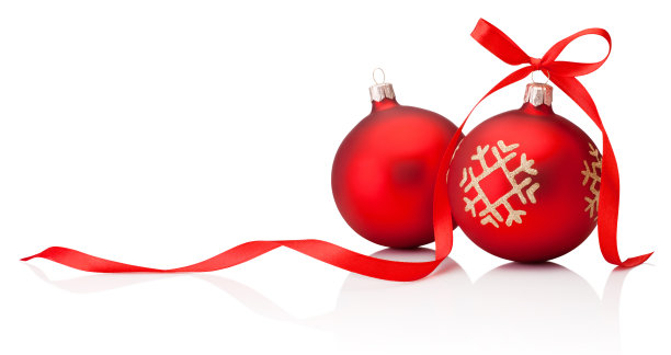 两个带有丝带蝴蝶结的红色圣诞装饰物孤立在白色的背景上图片下载