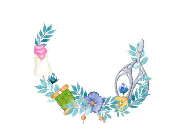 水彩花环框架用缝纫工具，用针线活。有绿线的线轴，一个人体模型和老式的剪刀在绿色的树枝上。为女针，针织，女裁缝设计。图片下载