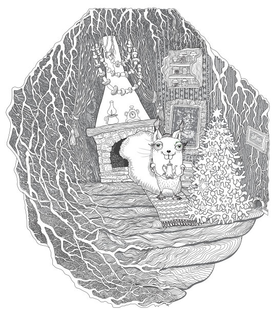 明信片圣诞贺卡，新年晚会请柬。为儿童和成人涂色书页，幻想松鼠屋在古老的童话树。线条艺术轮廓素描。t恤打印图片下载