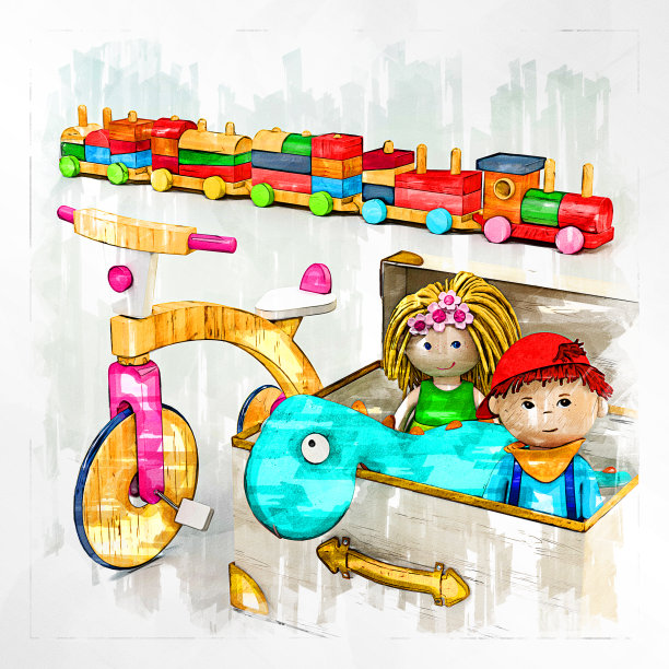 女孩玩具三轮车，玩具箱和玩具火车素描用记号笔图片下载