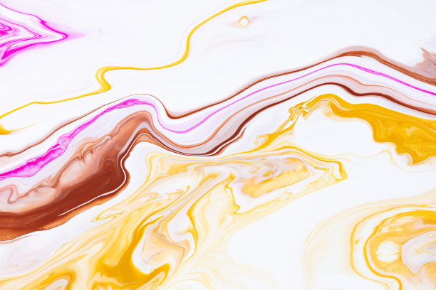 流体艺术纹理。抽象背景与混合油漆效果。液体丙烯酸艺术品与艺术混合颜料。可用于横幅或墙纸。粉红色，白色和黄色溢出颜色。图片下载