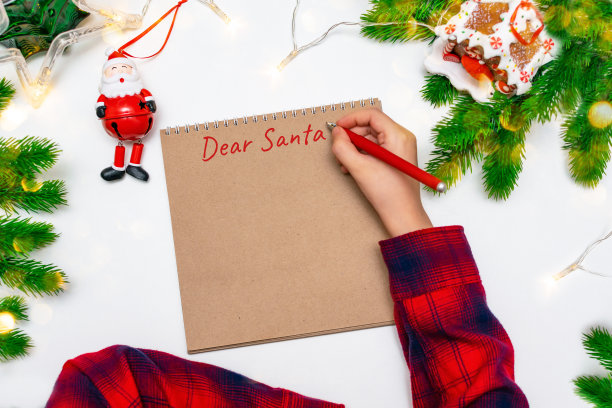 一个穿着红色格子睡衣的小男孩手里拿着一支笔，上面写着“亲爱的圣诞老人”。图片下载