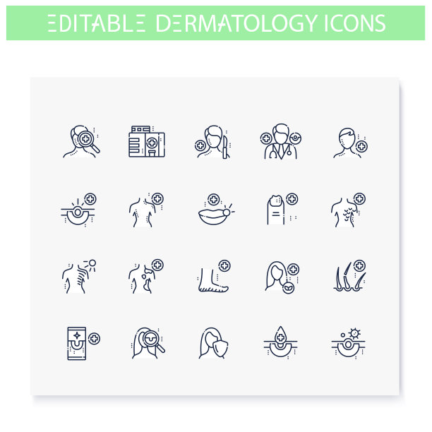 皮肤病学线图标设置。可编辑的插图图片下载