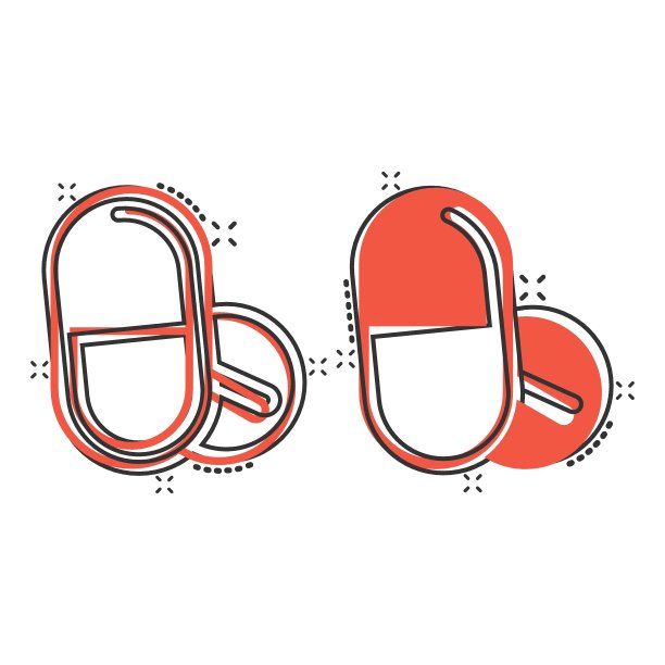 药丸胶囊图标在漫画风格。药物卡通矢量插图在白色孤立的背景。药房飞溅效应经营理念。图片下载